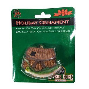Rivers Edge Fishing Creel Holiday Ornament 2 1/2 x 3-inch Brown Green Ceramic
